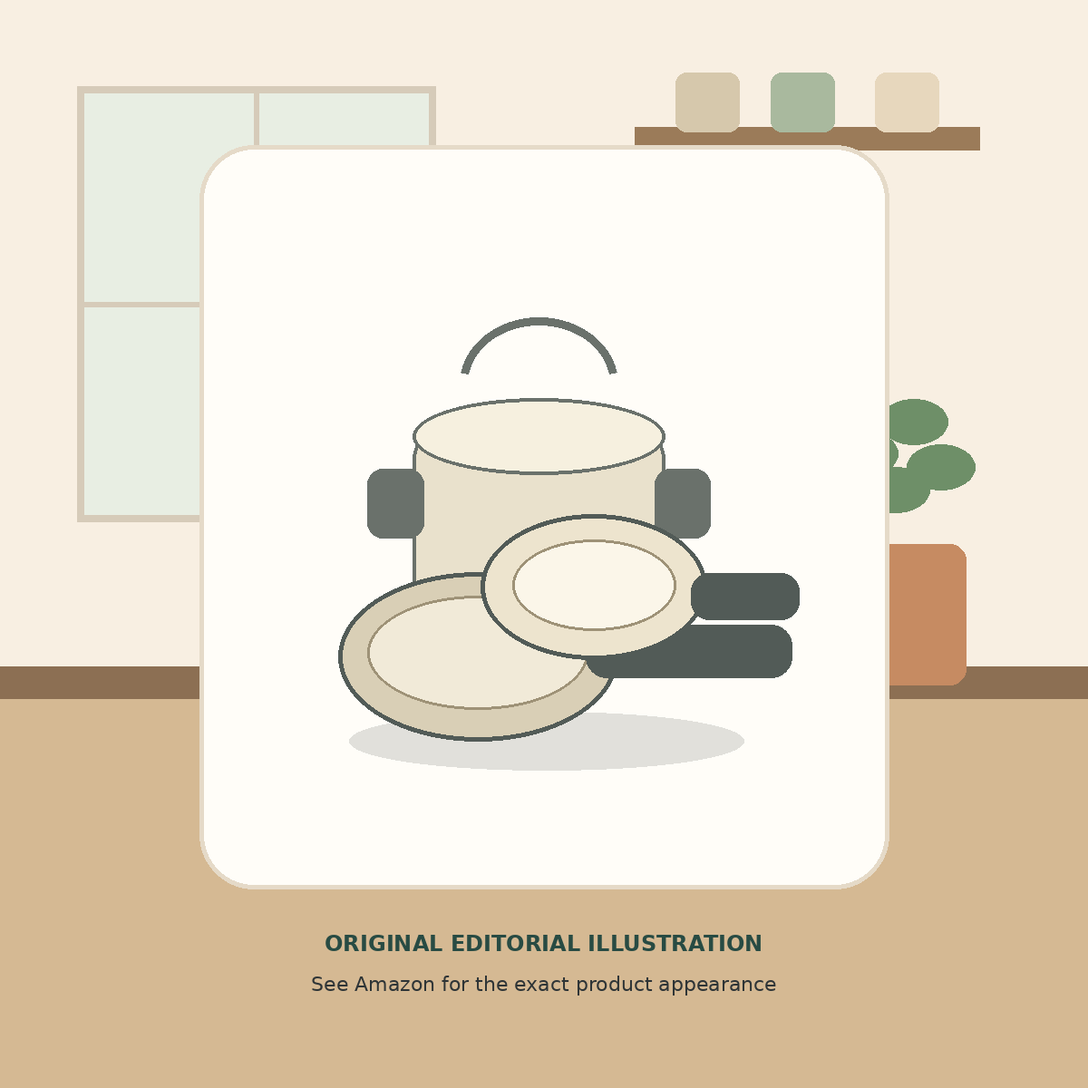 Original editorial illustration of a coordinated cream cookware set with pots, pans and lids