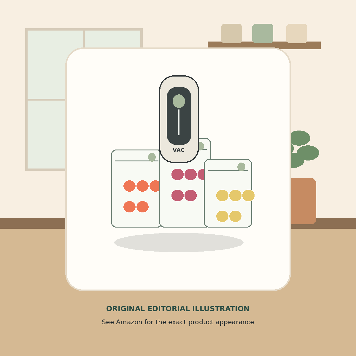 Original editorial illustration of a compact handheld vacuum sealer with reusable food bags