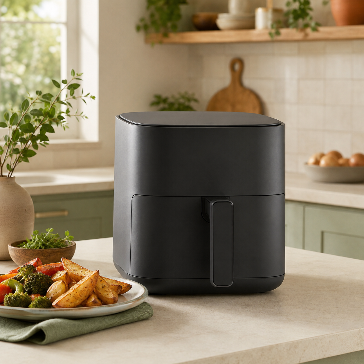 Original editorial image of an unbranded dark six-quart air fryer in a warm kitchen