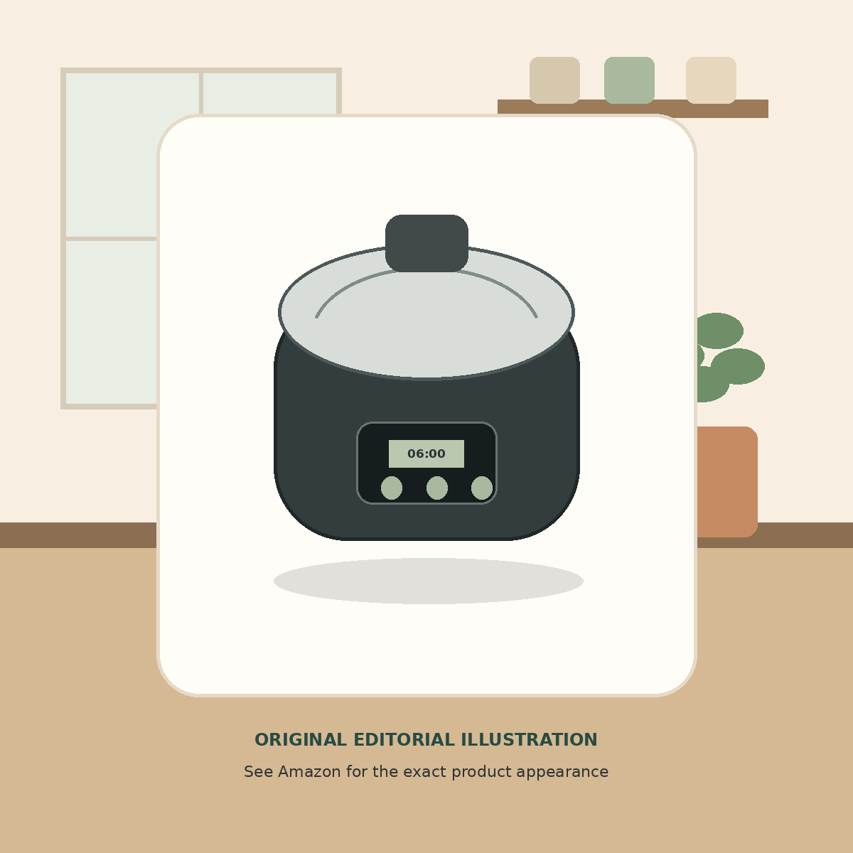 Original editorial illustration of an unbranded black stainless eight-quart programmable slow cooker