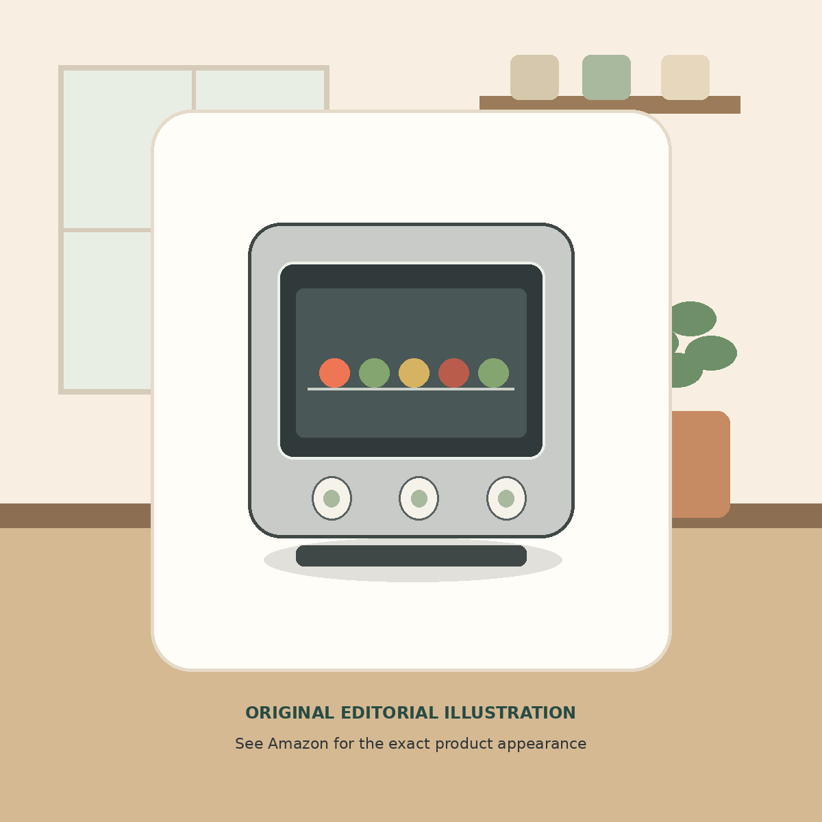Original editorial illustration of an unbranded stainless countertop toaster oven with air-fry basket