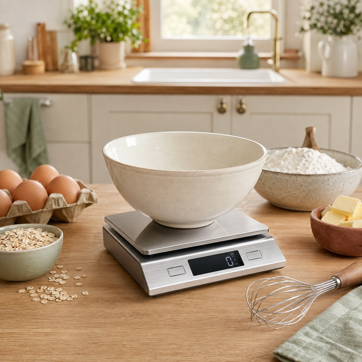 Original editorial image of an unbranded stainless-steel digital kitchen scale