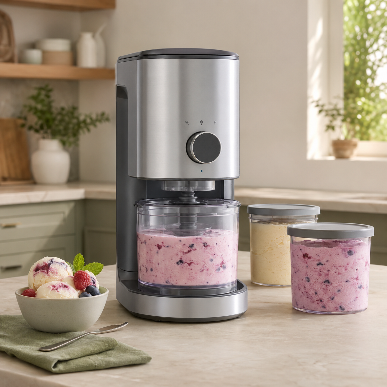 Original editorial image of an unbranded frozen dessert maker with XL tubs