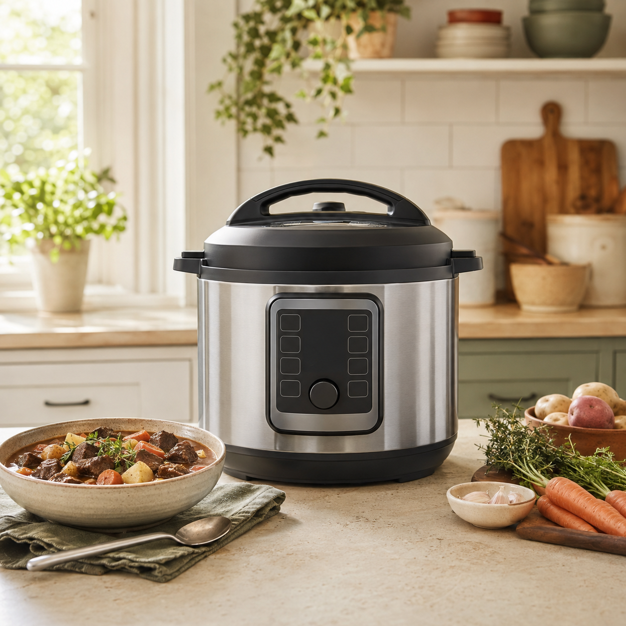 Original editorial image of an unbranded stainless electric multicooker