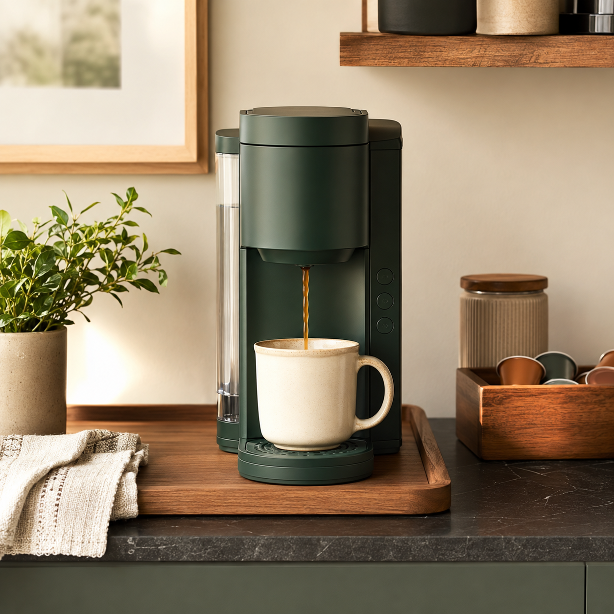 Original editorial image of an unbranded compact evergreen single-serve coffee brewer