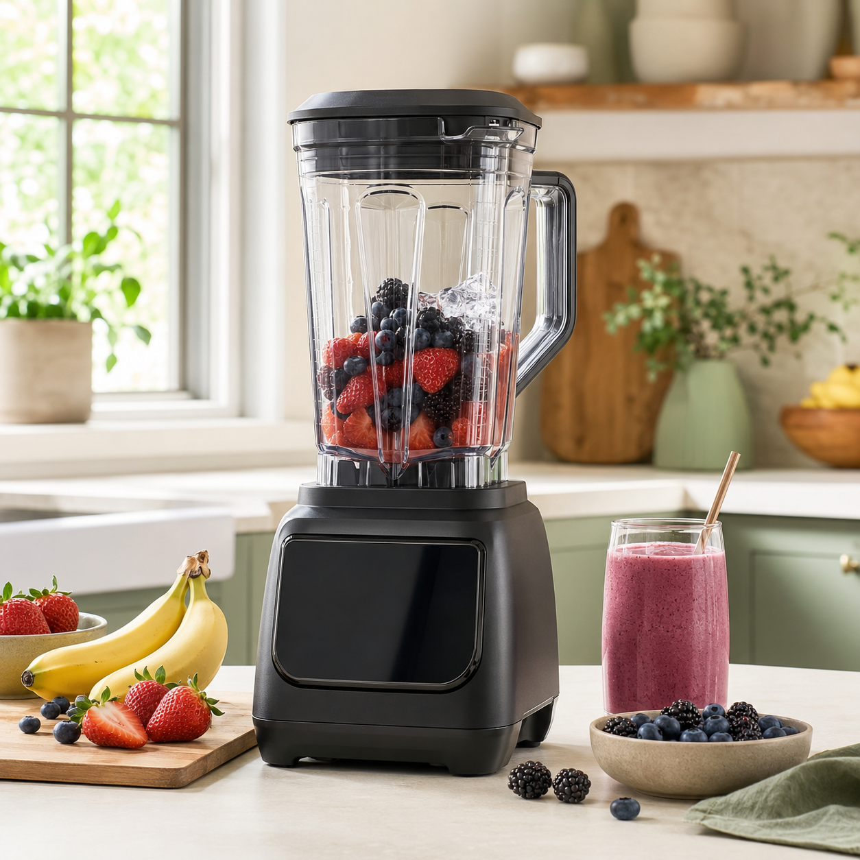 Original editorial image of an unbranded full-size countertop blender with fruit