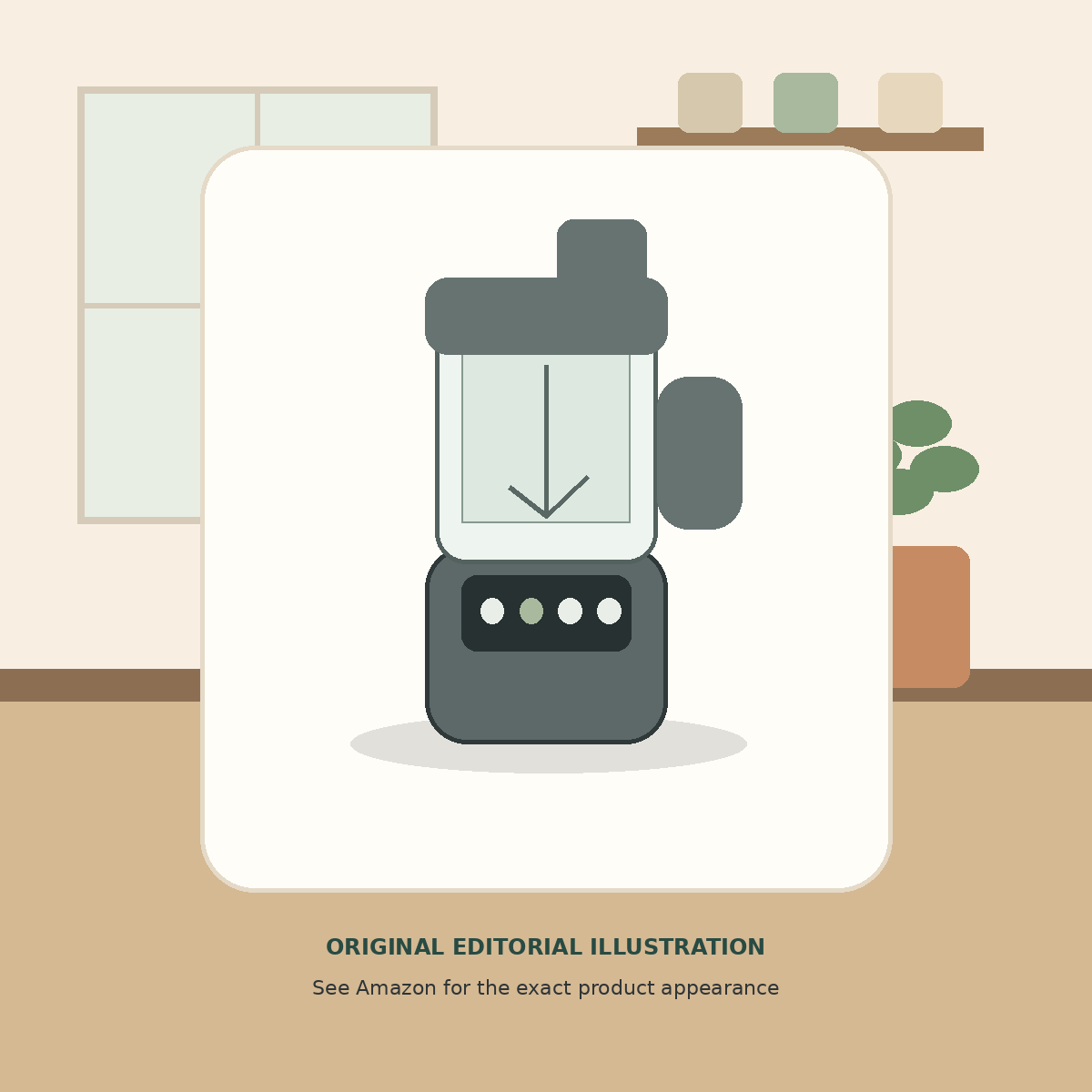 Original editorial illustration of an unbranded full-size food processor with nine-cup bowl and feed chute