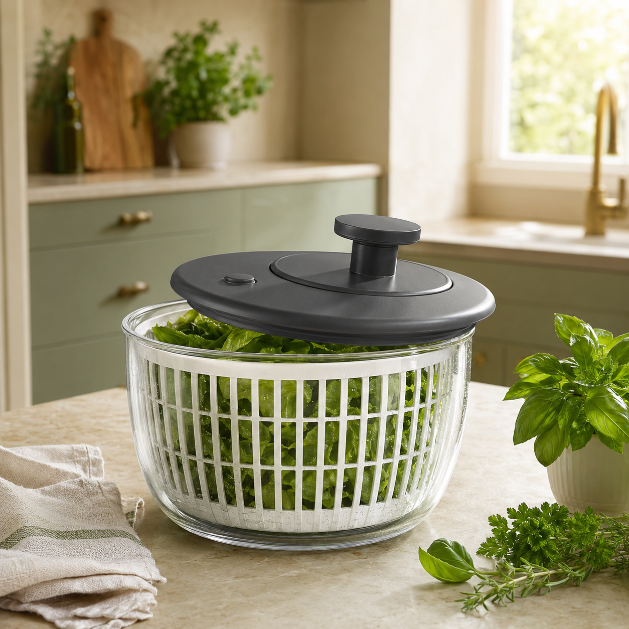 Original editorial image of a salad spinner with fresh greens