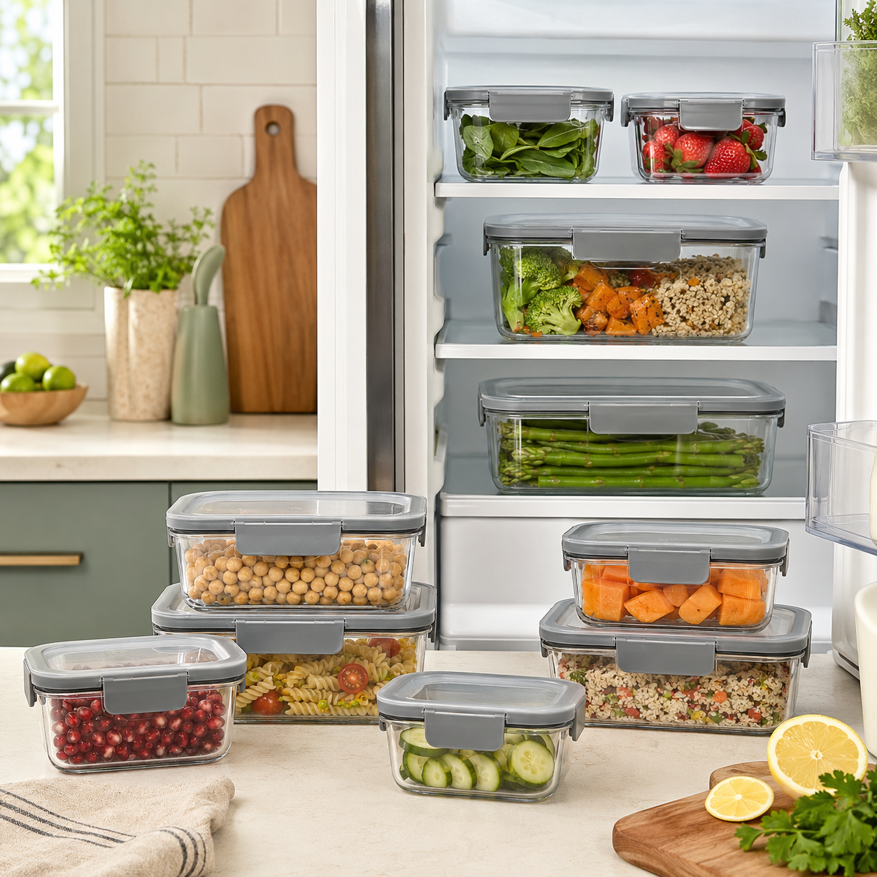 Original editorial image of unbranded clear stackable food storage containers