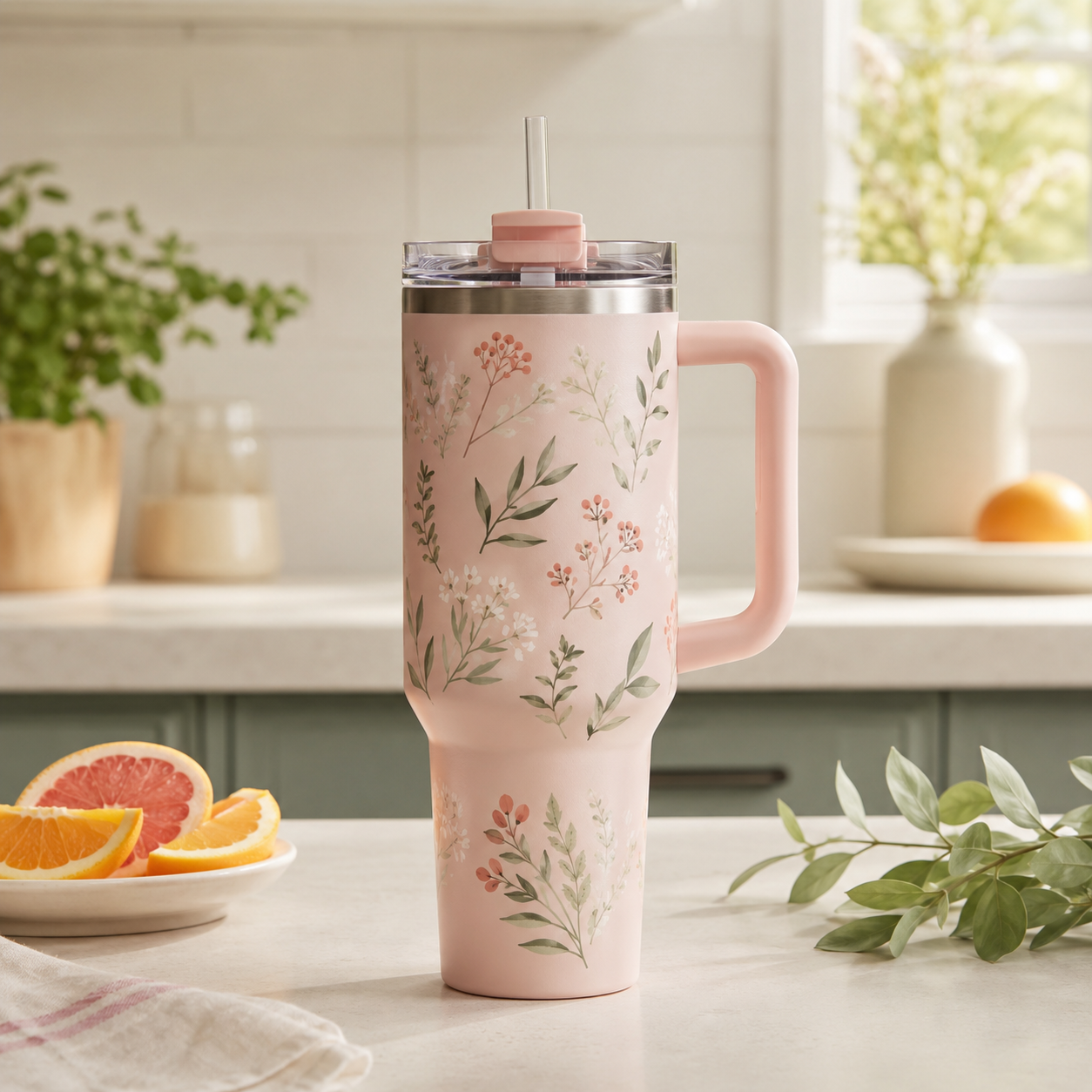 Original editorial image of a pink botanical handled travel tumbler