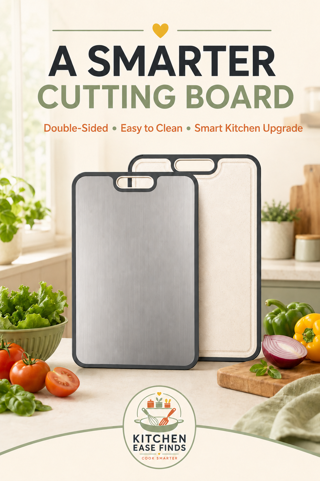 Double-sided gray and cream cutting board in a modern kitchen
