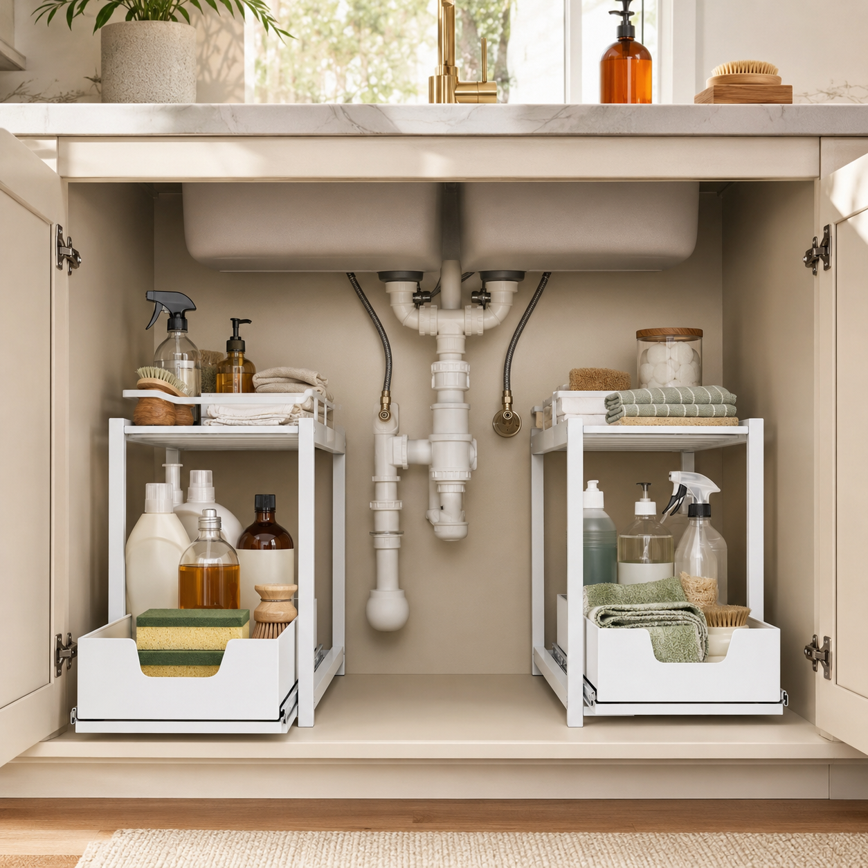 Original editorial image of two unbranded white pull-out organizers arranged around under-sink plumbing