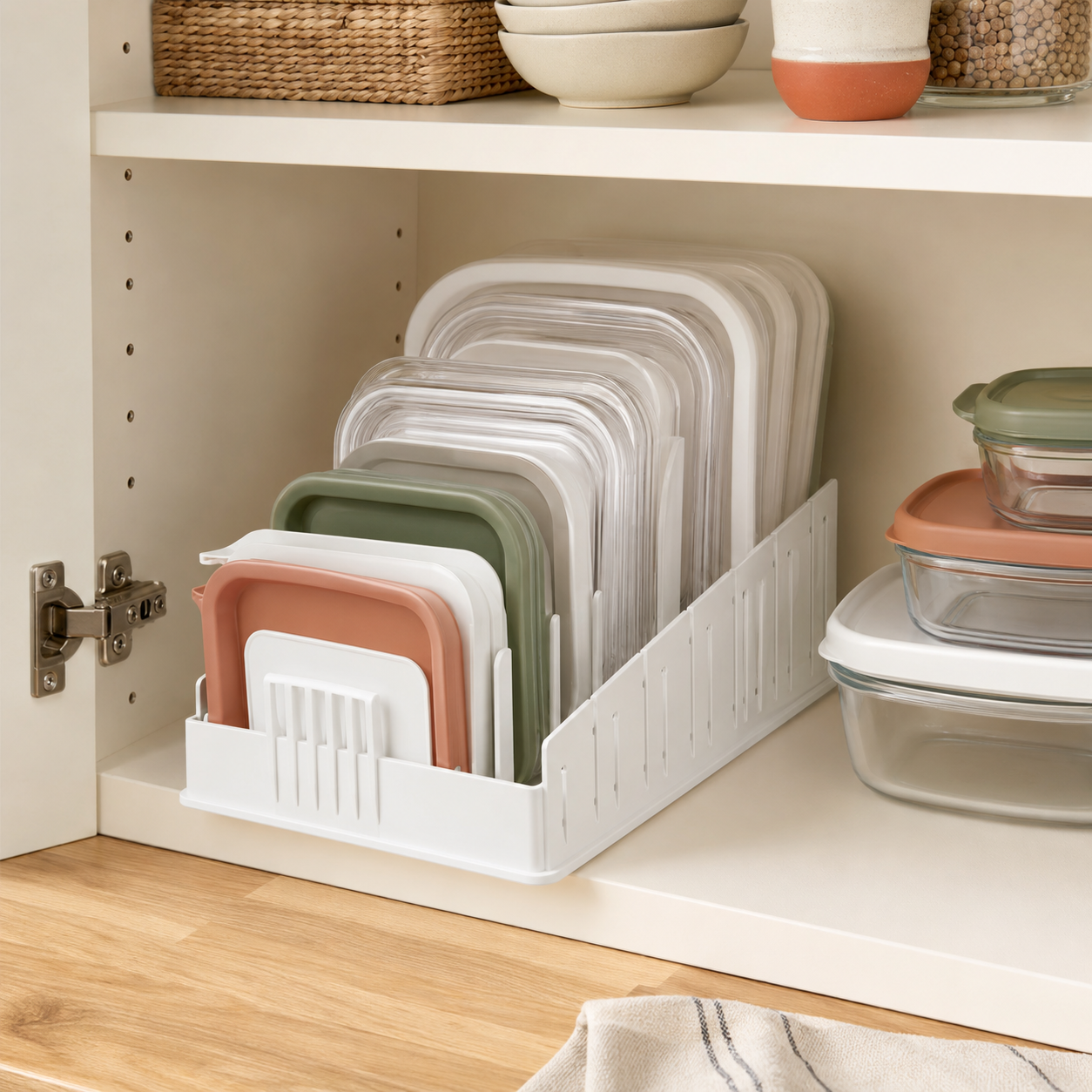 Original editorial image of an unbranded food-container lid organizer